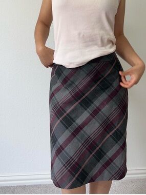 Ann Taylor Burgundy and Gray Plaid Midi Pencil Skirt